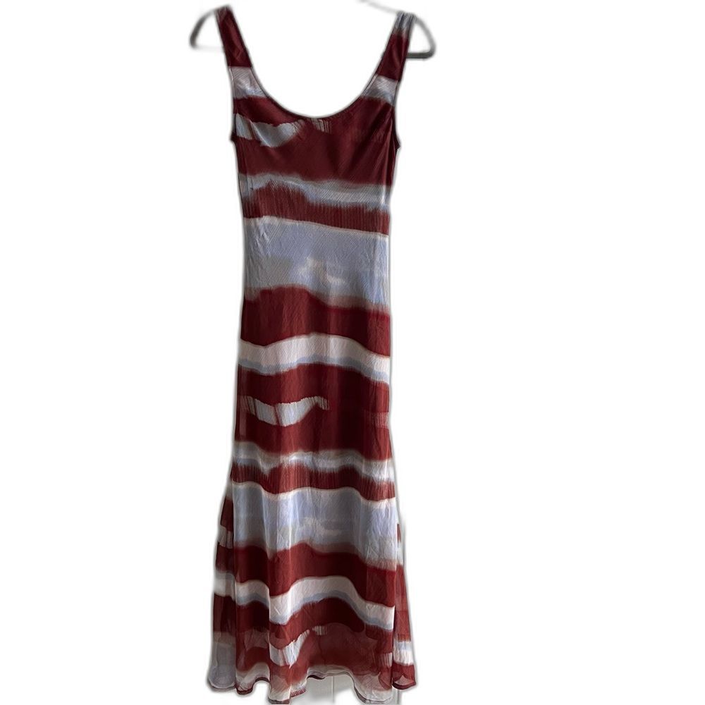 ASOS DESIGN chiffon scoop neck midi slip dress in abstract rust stripe NEW